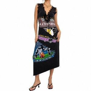 ENVME Maxi Dress Womens Champions Small Black Graphic Lace Trim Penguins Raiders